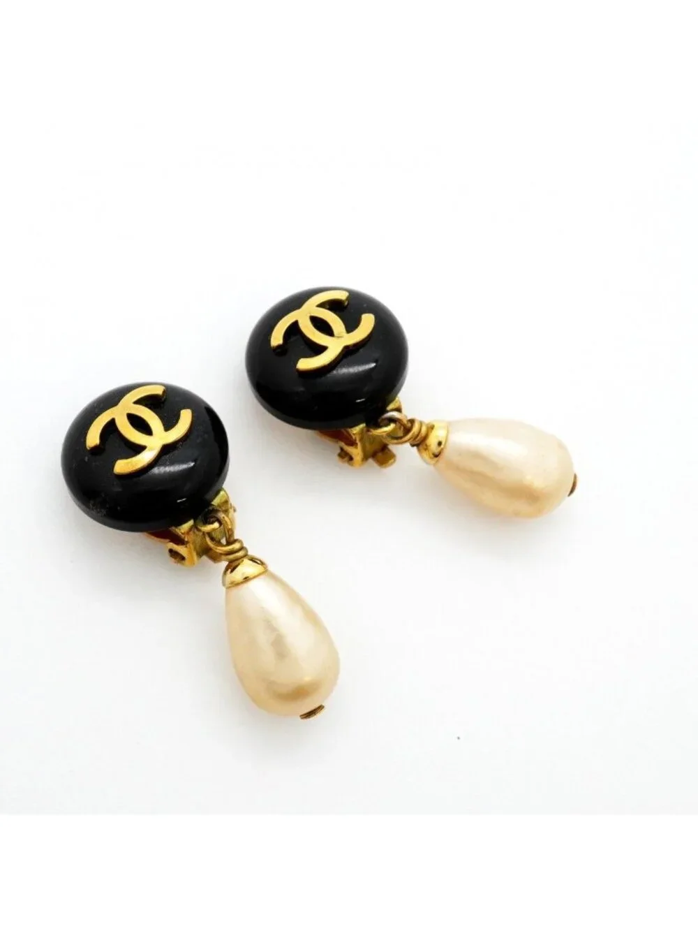 Chanel Earrings Vintage CC Logo Gold Plated Faux Pearl Blackcles